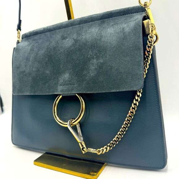 Auth Chloe Medium Cloudy Blue Calfskin Suede Leather Faye Shoulder Bag Clutch - Picture 4 of 16